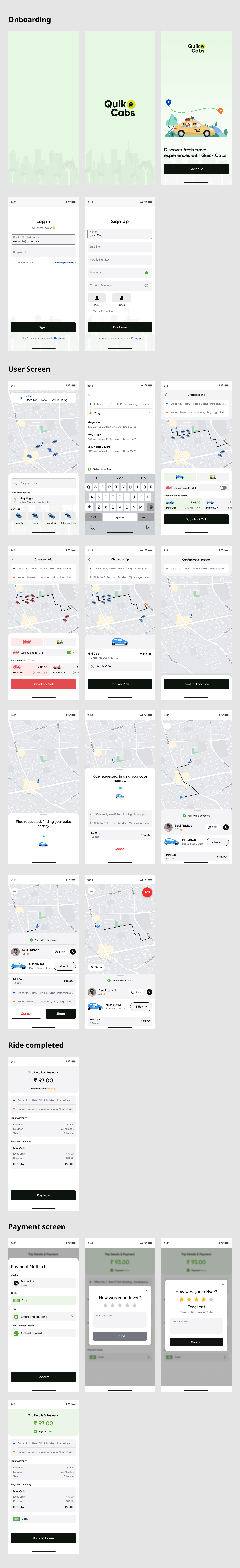 Quik Cab Complete UI Screen Flow