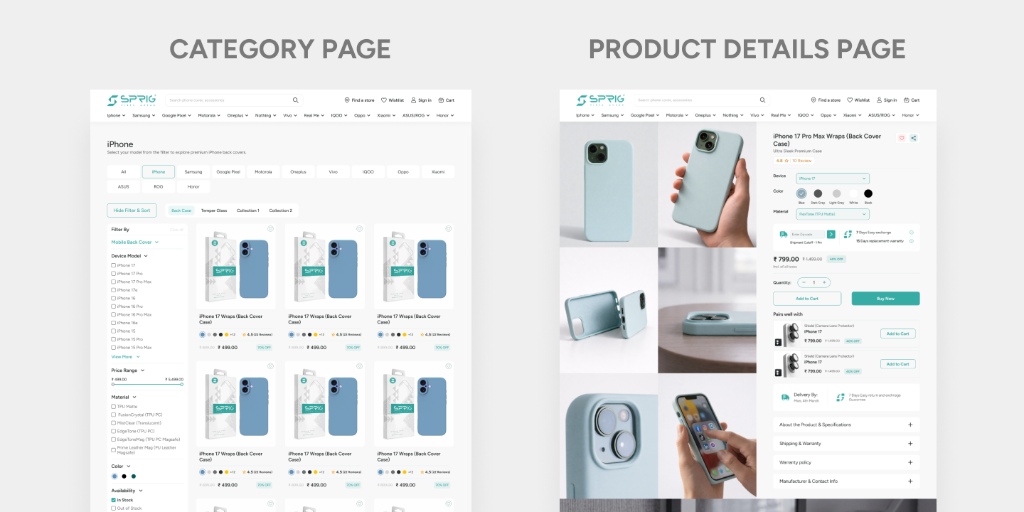 SPRIG Category Page and Product Details Page Desktop Screens