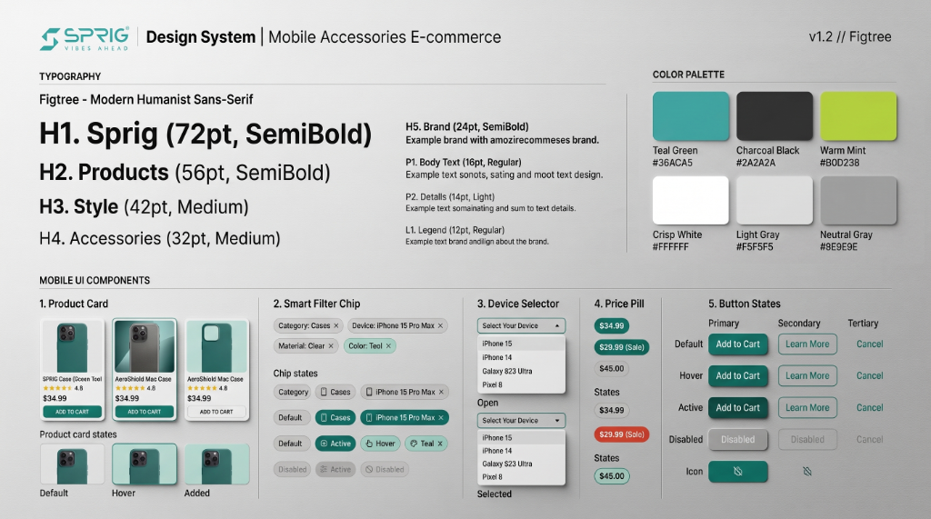 SPRIG E-commerce Design System: Figtree Typography, Color Palette, Mobile UI Components